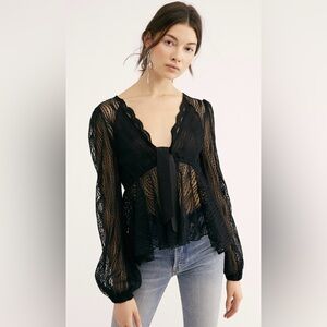 Free People Peplum Lace Crochet Sheer Black Whimsigoth Y2K Babydoll Tie XS Small